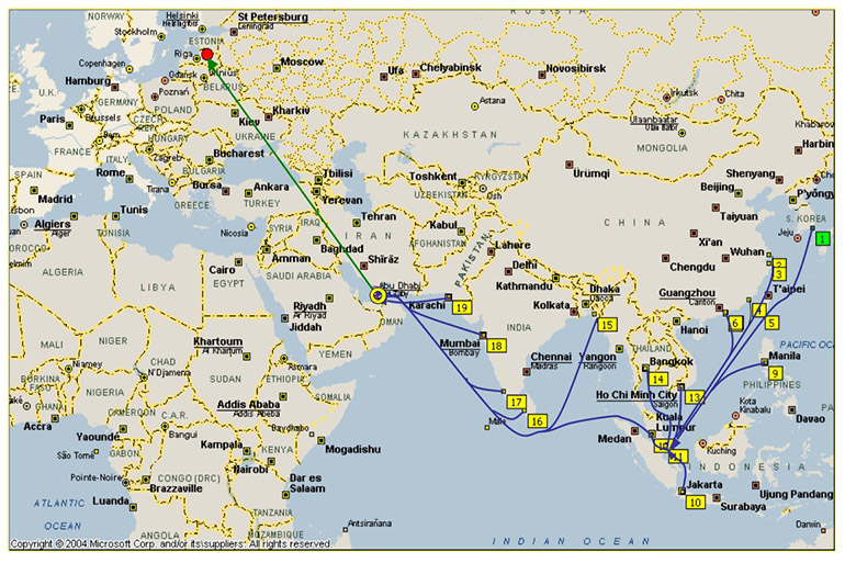Map - sea-air service from APAC