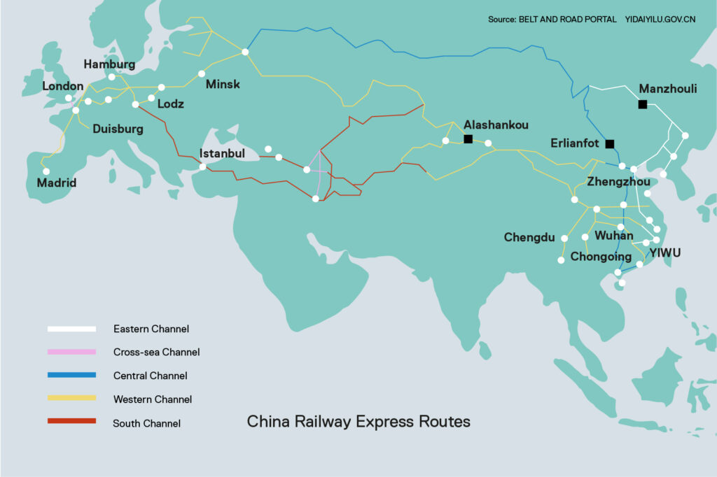 Map of railway routings between China and Europe