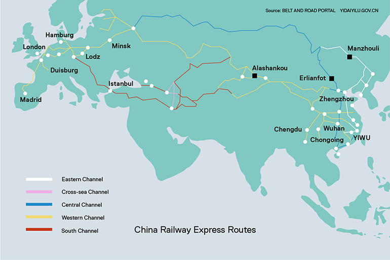 Kaart raudtee marsruutidega Hiina ja Euroopa vahel