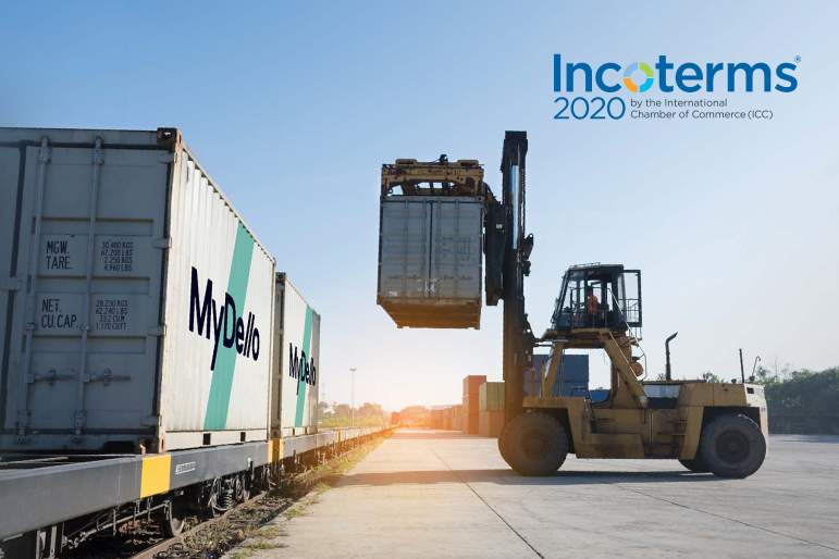 Loadin container on a train + Incoterms 2020 official logo