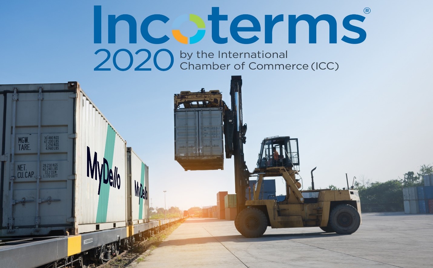 Incoterms 2020 official logo + loading containers on a train