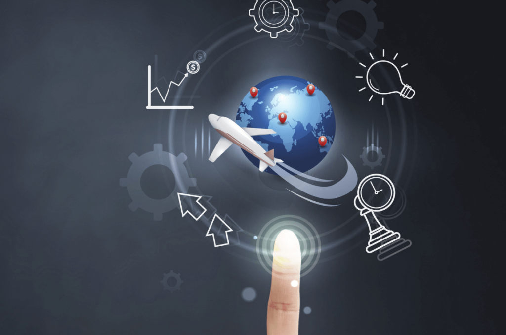 Illustration of a finger pointing upward to a globe with a plane and various objects orbiting it, symbolizing global logistics management.