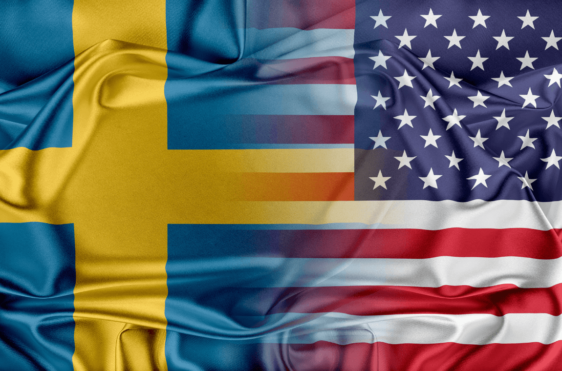 The Swedish flag flowing seamlessly into the USA flag - illustrating MyDello's new USA-Sweden import service