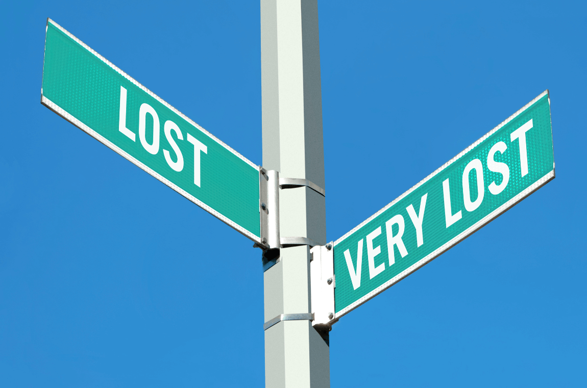 Traffic signs with street names "Lost" and "Very Lost" symbolizing challenges in preventing damage or loss in logistics.