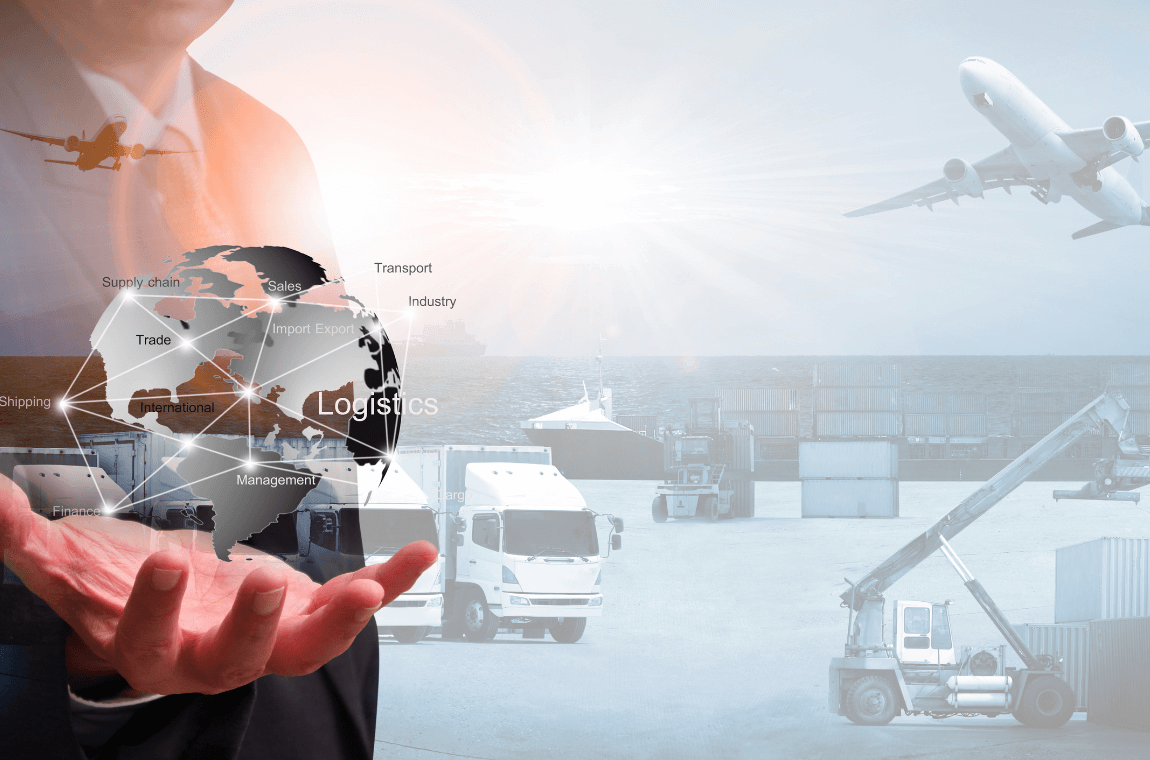 Man holding a globe, surrounded by various logistic modes, emphasizing strategic control of transportation costs.