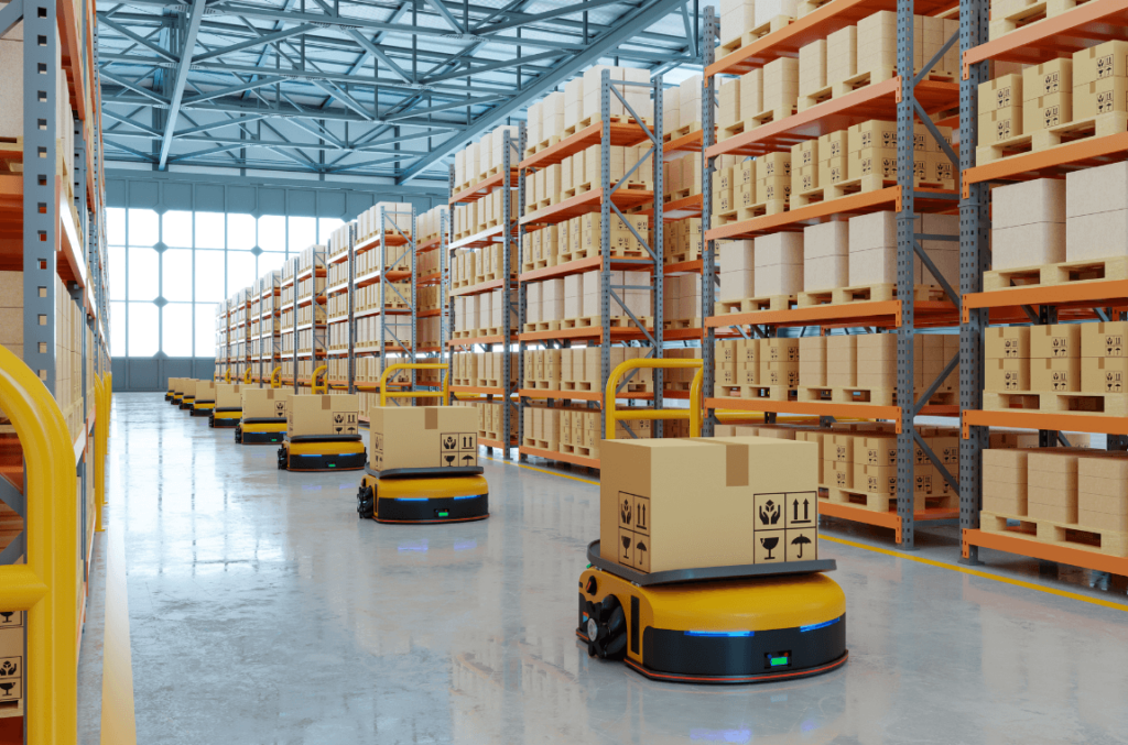 Modern automated warehouse with advanced sorting systems, integral to Amazon FBA's fulfillment process