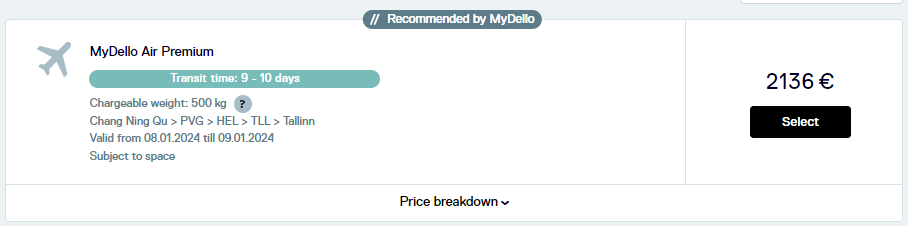 Screenshot of MyDello's system interface showcasing the option to select MyDello Air Premium service for streamlined logistics