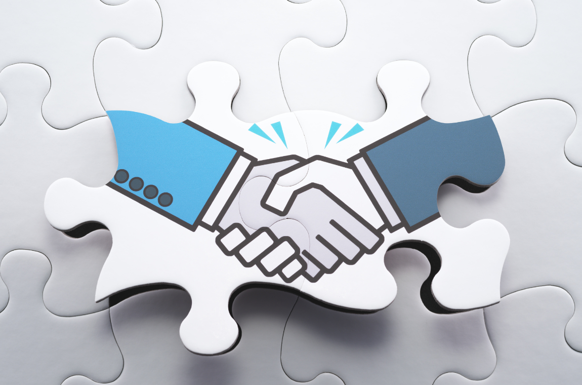 Handshake integrating puzzle pieces symbolizing MyDello partnership collaborations.