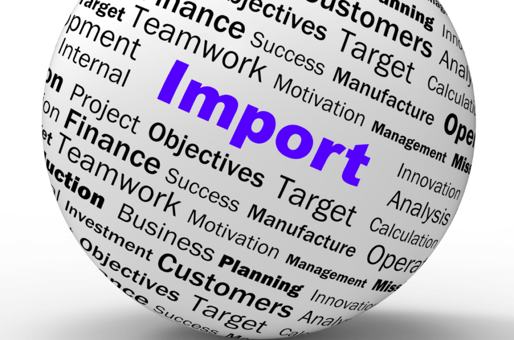 Illustration of a word cloud with 'Import' prominently highlighted among key trade terms.